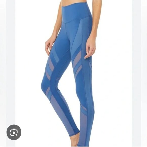 Alo Yoga Leggings Womens XS High Waist Stretch Mesh Panel Epic Blue Gym Training - Picture 2 of 9